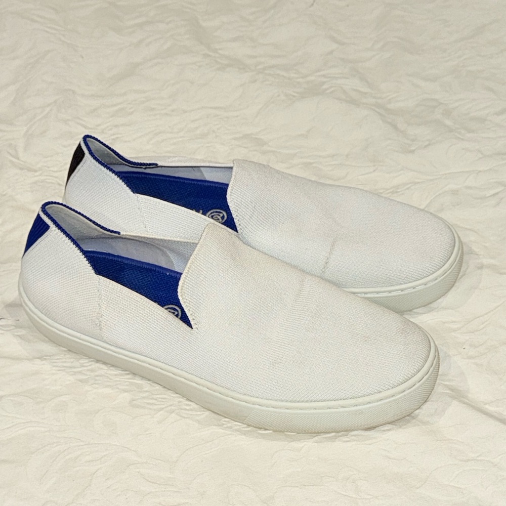 Women’s Rothy’s White and Blue Stripe Classic Slip-On Shoes size 9.5